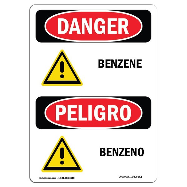 Signmission Safety Sign, OSHA Danger, 7" Height, Benzeno, Bilingual Spanish OS-DS-D-57-VS-1994